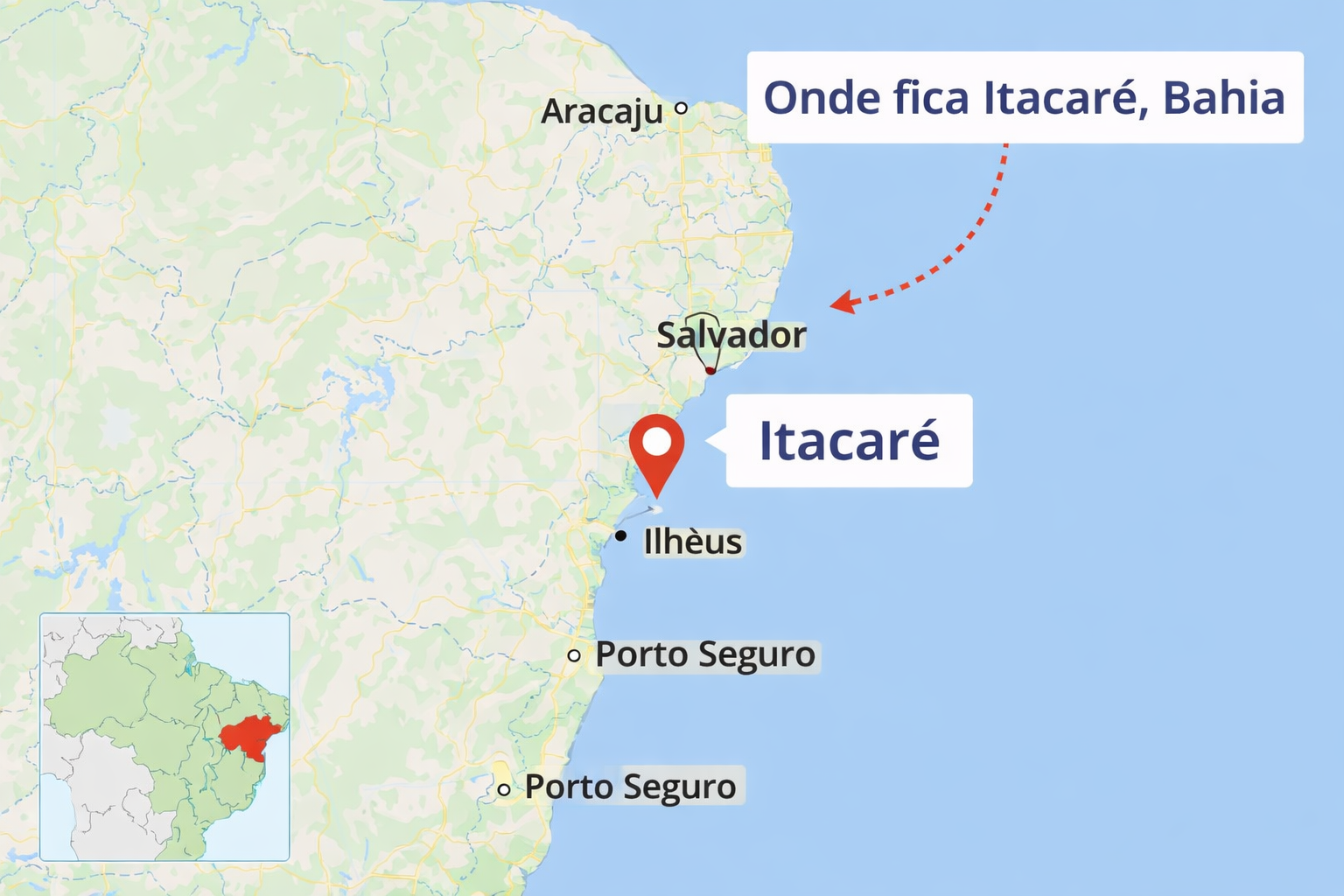 Mapa mostrando a localiza&ccedil;&atilde;o de Itacar&eacute;, Bahia, no litoral sul do Brasil, pr&oacute;ximo a Ilh&eacute;us.